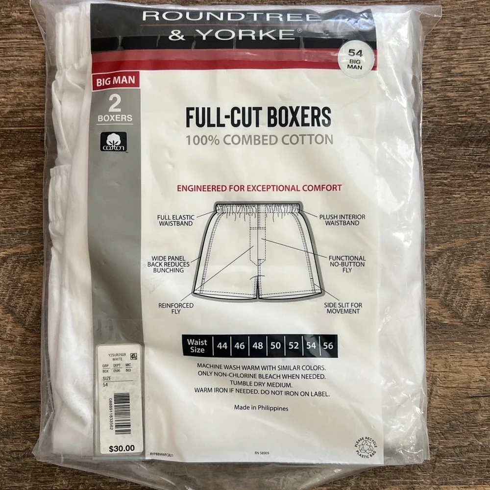 Roundtree & Yorke Full Cut Boxers‎ Men's 54 White Combed Cotton Lot Of Two